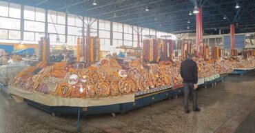 Cheap local food at Yerevan market — lavash, vegetables and spices, Armenia