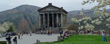 Garni Temple standing on a basalt cliff above the Azat river gorge Armenia