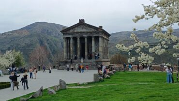 Garni Temple standing on a basalt cliff above the Azat river gorge Armenia