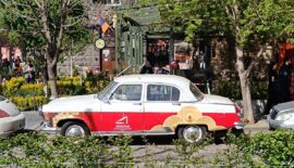 Airport transfer taxi waiting outside Zvartnots Airport arrivals, Yerevan