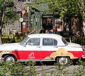 Airport transfer taxi waiting outside Zvartnots Airport arrivals, Yerevan