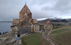 Lake Sevan blue water with Sevanavank monastery peninsula, Armenia