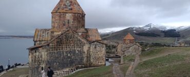 Lake Sevan blue water with Sevanavank monastery peninsula, Armenia