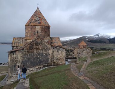 Lake Sevan blue water with Sevanavank monastery peninsula, Armenia