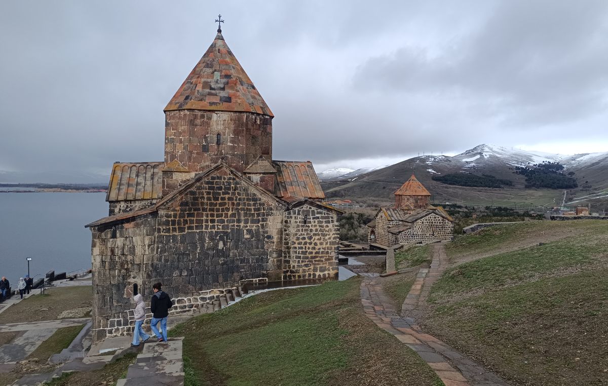 Lake Sevan blue water with Sevanavank monastery peninsula, Armenia