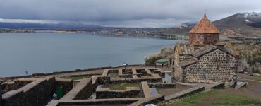 Lake Sevan panorama with Sevanavank monastery on the peninsula, Armenia