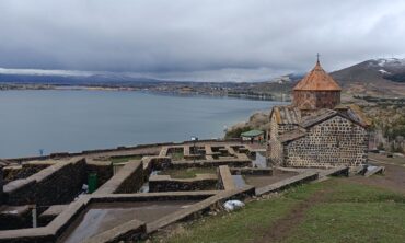 Lake Sevan panorama with Sevanavank monastery on the peninsula, Armenia