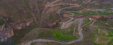Mountain road in southern Armenia towards Tatev Monastery with dramatic gorge views