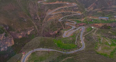 Mountain road in southern Armenia towards Tatev Monastery with dramatic gorge views