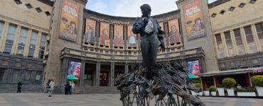 Statue of Charles Aznavour in front of Cinema Moscow in Yerevan, Armenia, honoring the legendary French-Armenian singer, songwriter, and cultural icon